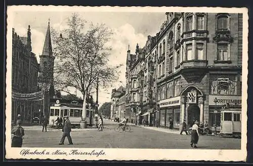 AK Offenbach a. Main, Geschäft der Württembergischen Metallwarenfabrik (WMF) und Strassenbahn in der Kaiserstrasse