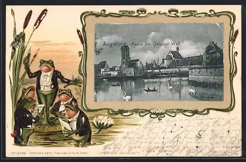 Passepartout-Lithographie Augsburg, Partie am Oblatter Wall, musizierende Frösche am Teich