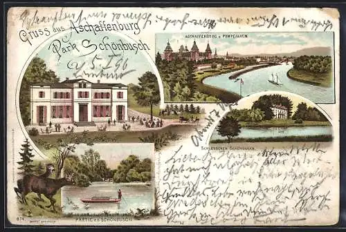 Lithographie Aschaffenburg, Gasthaus Park Schönbusch, Aussenansicht u. Schlösschen, See u. Blick auf den Ort