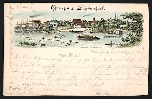 Lithographie Schweinfurt, Flusspartie mit Bootsverkehr