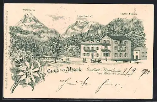 Lithographie Ilsank, Gasthof am Fusse des Watzmanns mit Hochkalter und Todte Mann