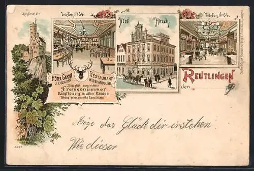 Lithographie Reutlingen, Hotel-Restaurant Hirsch, Inh.: J. Eisenlohr, Lichtenstein