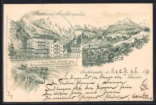 Lithographie Berchtesgaden, Café Villa Grassl und Kunstschnitzerei-Geschäft