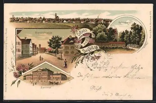 Lithographie Buchloe, Gasthof Kellergarten, Marktstrasse, Bahnhof