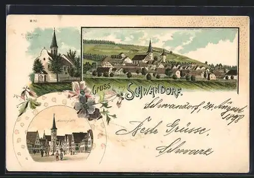 Lithographie Schwandorf / Bayern, Marktplatz und Kreuzberg-Kirche