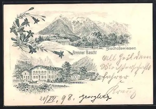 Lithographie Bischofswiesen, Gasthaus Brenner Bascht, Blick zu den Bergen