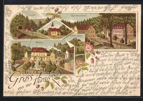 Lithographie Neustadt / Orla, Harrasmühle, Fridolinkapelle, Totenstein