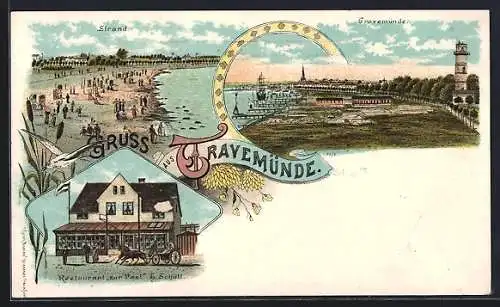 Lithographie Travemünde, Restaurant zur Post, Bes. H. Schütt, Strand und Hafen