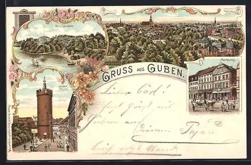 Lithographie Guben, Schützenhaus, Dicker Thurm und Marktplatz