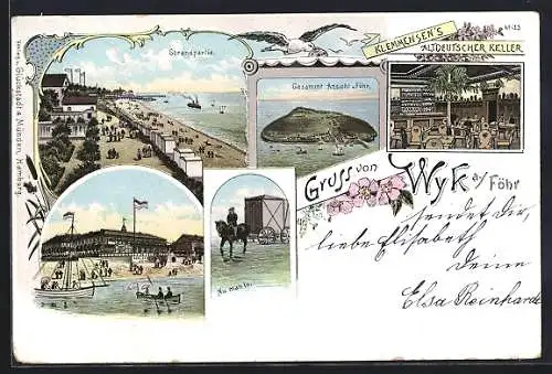 Lithographie Wyk /Föhr, Strandpartie, Gasthaus Klemmensen`s Altdeutscher Keller, Nu man to