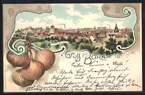 Lithographie Borna i. S., Totalansicht aus der Vogelschau, Zwiebeln