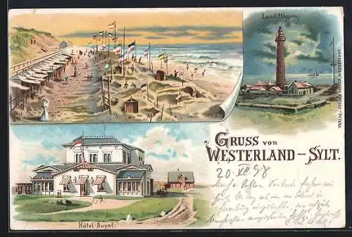 Lithographie Westerland /Sylt, Hotel Royal, Leuchtturm und Strandpartie