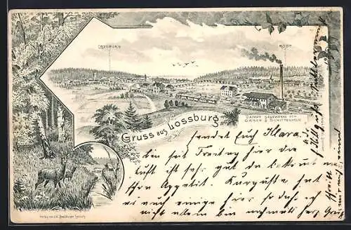 Lithographie Lossburg, Dampf-Sägewerk von Gaiser & Schittenhelm, Panorama