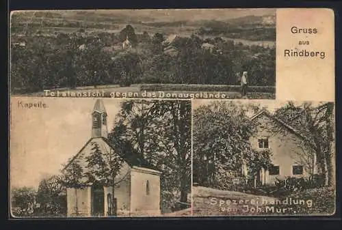 AK Rindberg / Bernried, Spezereihandlung von Joh. Mur, Kapelle, Totalansicht gegen das Donaugelände