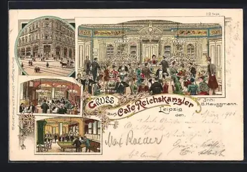 Lithographie Leipzig, Café Reichskanzler, Inh. G. Haussmann, Innenansichten