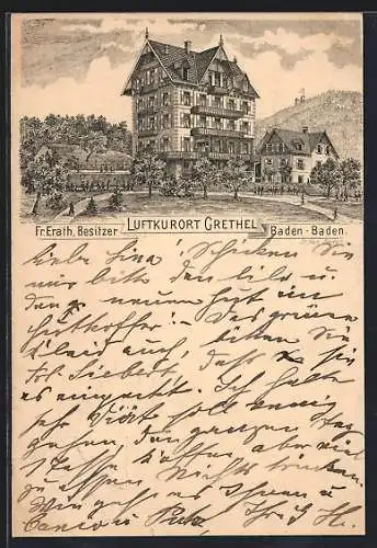 Lithographie Baden-Baden, Hotel von Fr. Erath mit Anlagen