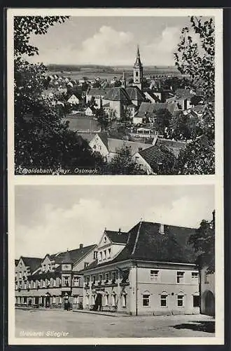 AK Ergoldsbach /Bayr. Ostmark, Brauerei Stiegler und Ortsansicht aus der Vogelschau