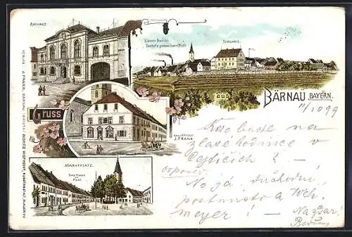 Lithographie Bärnau /Bayern, Gasthaus zur Post, Löwen-Brauerei und Rathaus