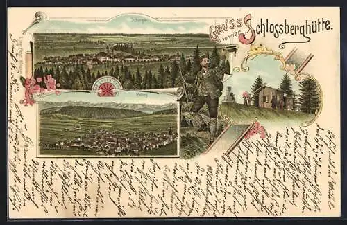 Lithographie Schongau, Schlossberghütte mit Denkmal, Panorama mit Peiting