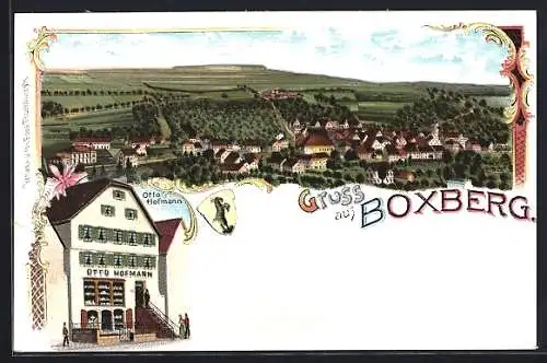 Lithographie Boxberg / Baden, Totalansicht aus der Vogelschau, Geschäft Otto Hofmann