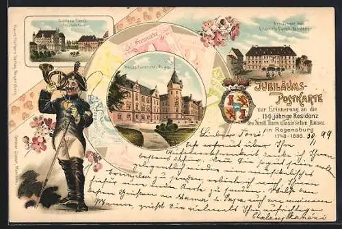 Lithographie Regensburg, 150 jährige Residenz des Fürstl. Thurn u. Taxis`schem Hause in der Stadt 1898