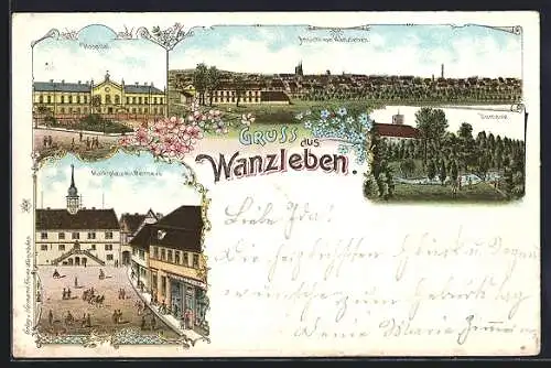 Lithographie Wanzleben, Hospital, Domäne, Marktplatz mit Rathaus