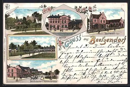 Lithographie Beetzendorf, Charlottenstift, Bahnhof, Schützenhaus, Bahnhofshotel