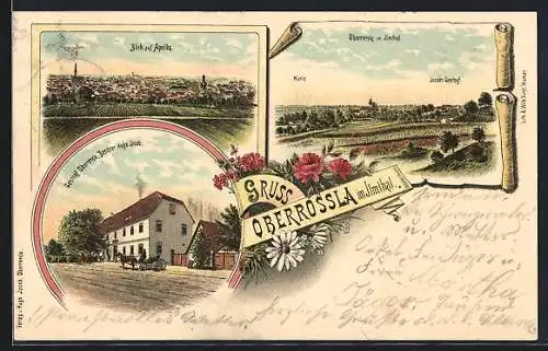 Lithographie Oberrossla / Ilmthal, Gasthof von Jugo Jacob, Totalansicht von Apolda