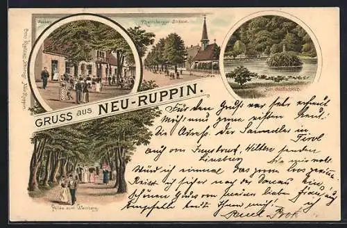 Lithographie Neu-Ruppin, Rheinsberger Strasse, Am Goldfischteich und Allée zum Weinberg