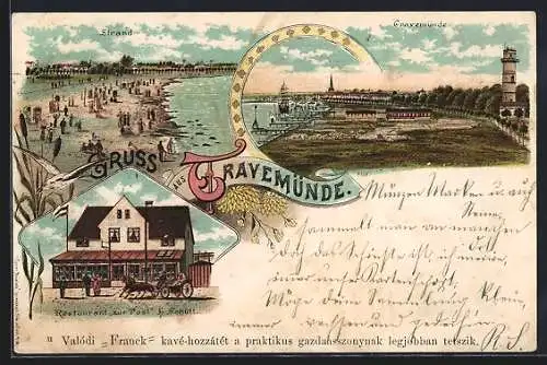 Lithographie Travemünde, Restaurant zur Post v. H. Schütt, Strandpartie, Ortsansicht