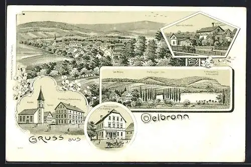 Lithographie Oelbronn, Bahnhof, Warengeschäft Chr. Kaechele und Kirche
