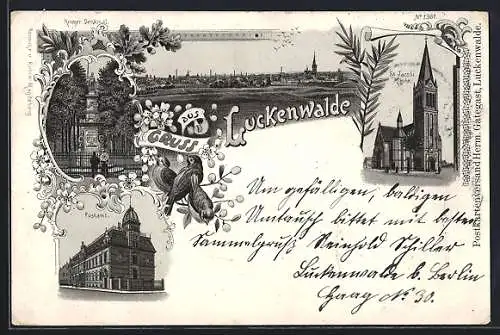 Lithographie Luckenwalde, Kriegerdenkmal, Postamt, St. Jacobi-Kirche