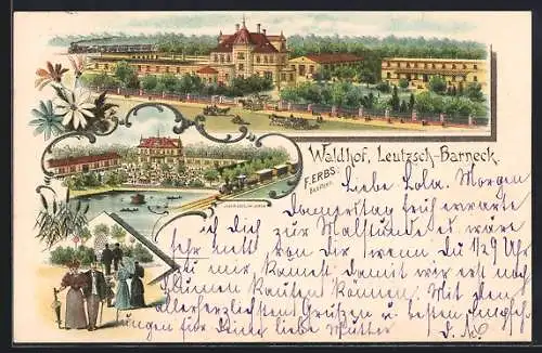 Lithographie Leutzsch-Barneck, Restaurant Waldhof von F. Erbs und Panorama