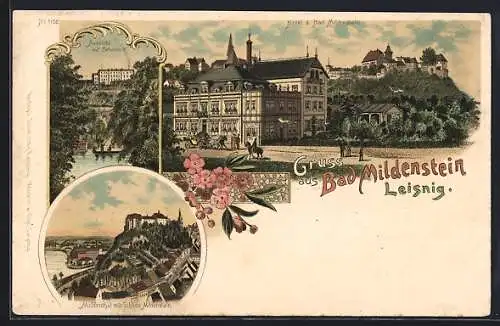 Lithographie Bad Mildenstein /Leisnig, Hotel, Muldenthal mit Schloss und Aussicht auf Belvedere