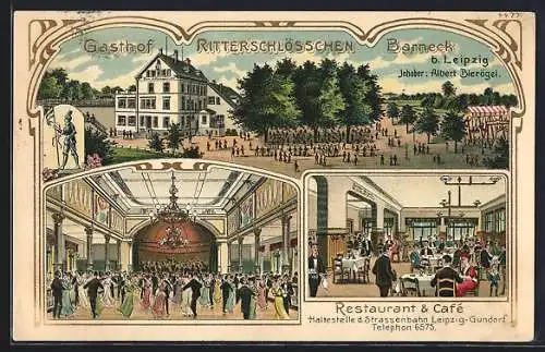 Lithographie Barneck b. Leipzig, Restaurant und Café Ritterschlösschen, Aussen- und Innenansicht