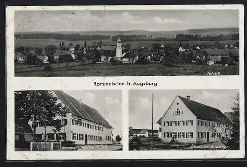 AK Rommelsried b. Augsburg, Panorama, Brauerei u. Gasthaus M. Zolz und Ökonomie-Anwesen