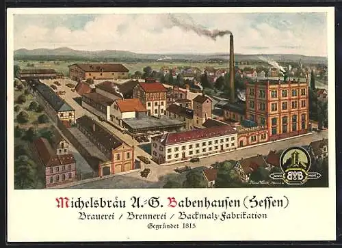 Künstler-AK Babenhausen / Hessen, Michelsbräu Brauerei, Brennerei und Backmalz-Fabrikation