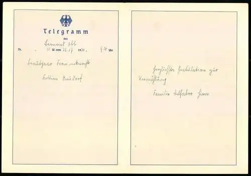 Telegramm Deutsche Reichspost, 1934, Blumengesteck und Berglandschaft auf Aussenseiten, Entwurf: Carl Reiser