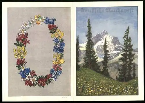 Telegramm Deutsche Reichspost, 1939, Alpenlandschaft mit Blumenkranz und Tannenbäumen