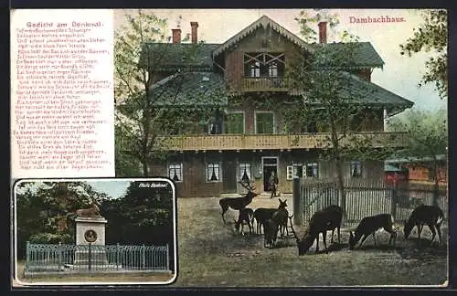 AK Thale /Harz, Dambachhaus im Buchenwald, Pfeil`s Denkmal