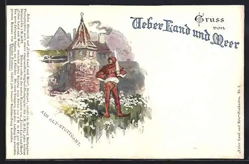 Lithographie Stuttgart, Ritter mit Schwert vor Burg