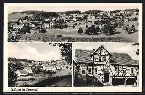 AK Böllstein im Odenwald, Ortspanorama, das Gasthaus Zur Post