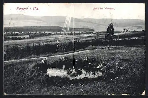 AK Eisfeld, Blick ins Werratal mit Springbrunnen