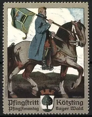 Reklamemarke Pfingstritt Kötzting, Reiter mit Flagge und Wappen