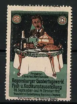 Reklamemarke Regensburg, Gastwirtsgewerbl. Fach- und Kochkunstausstellung 1912, Gast sitzt an einem gedeckten Tisch