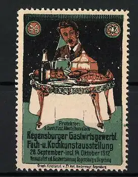 Reklamemarke Regensburg, Gastwirtsgewerbl. Fach- und Kochkunstausstellung 1912, Gast sitzt an einem gedeckten Tisch