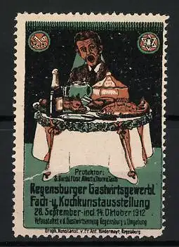 Reklamemarke Regensburg, Gastwirtsgewerbl. Fach- und Kochkunstausstellung 1912, Gast sitzt an einem gedeckten Tisch