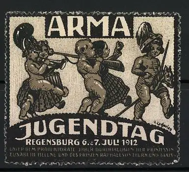 Künstler-Reklamemarke Zacharias, Regensburg, Arma Jugendtag 1912, nackte Kinder marschieren musizierend