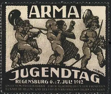 Künstler-Reklamemarke Zacharias, Regensburg, Arma Jugendtag 1912, nackte Kinder marschieren musizierend