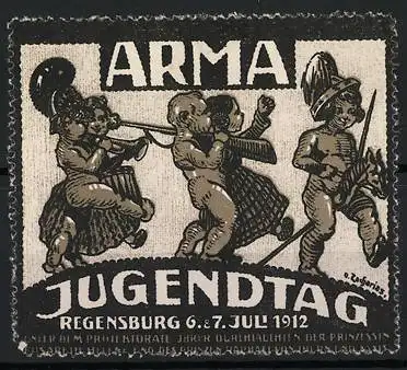Künstler-Reklamemarke Zacharias, Regensburg, Arma Jugendtag 1912, nackte Kinder marschieren musizierend